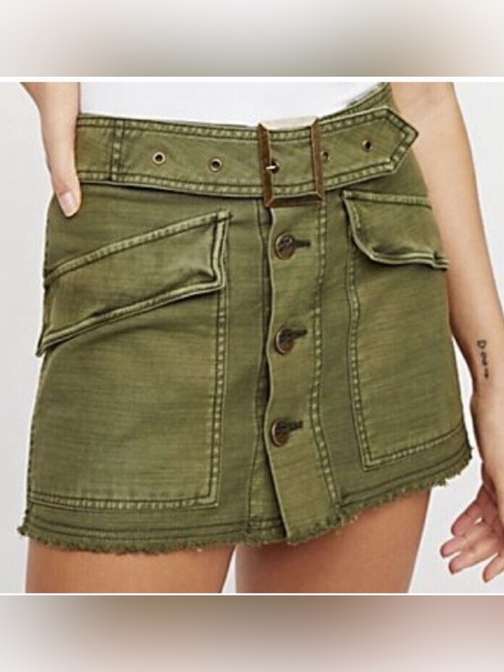 Free People Olive Green Button-Front Mini Skirt with Belt